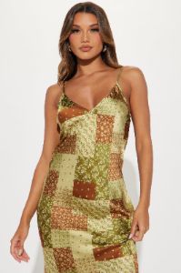 Lisa Floral Satin Midi Dress - Green/combo sold by Fashion Nova