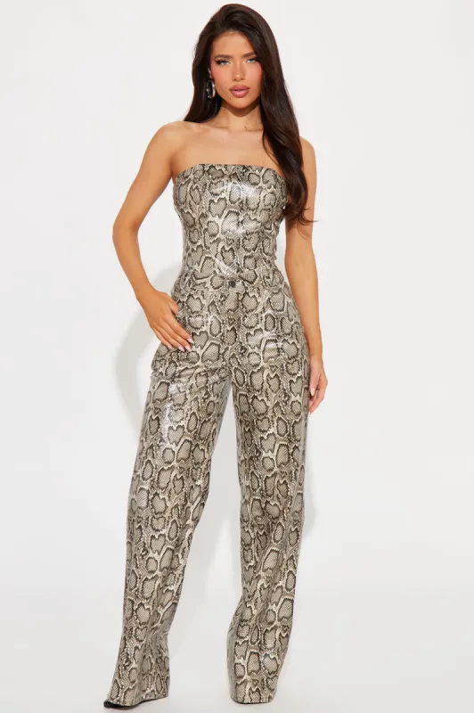 Hiss Faux Leather Snake Pant Set - Grey/combo sold by Fashion Nova