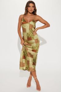 Lisa Floral Satin Midi Dress - Green/combo sold by Fashion Nova