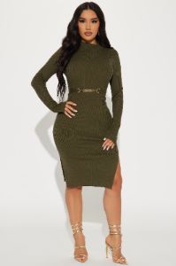 Millie Rio Funnel Neck Midi Dress - Olive sold by Fashion Nova
