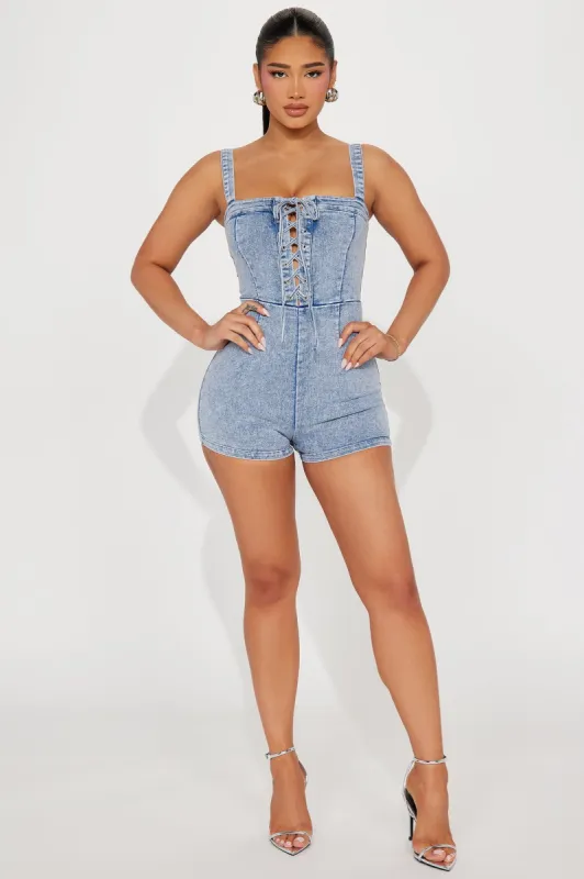Faora Denim Romper - Light Wash sold by Fashion Nova