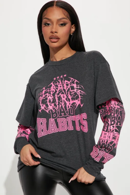 Bad Habits Double Sleeve Graphic Top - Charcoal sold by Fashion Nova
