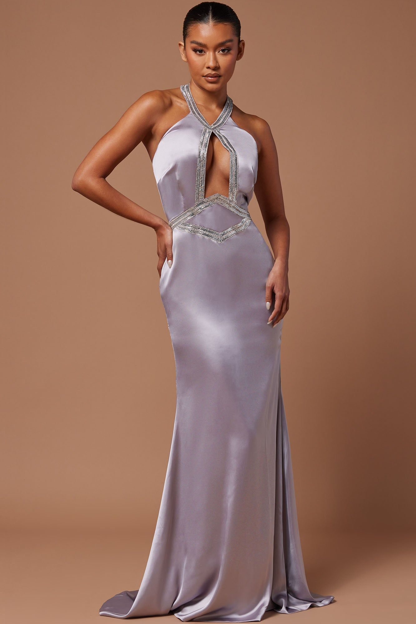Marnee Satin Embellished Gown - Grey sold by Fashion Nova