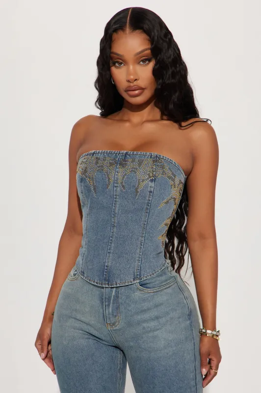 Wild West Embellished Denim Corset Top - Light Wash sold by Fashion Nova