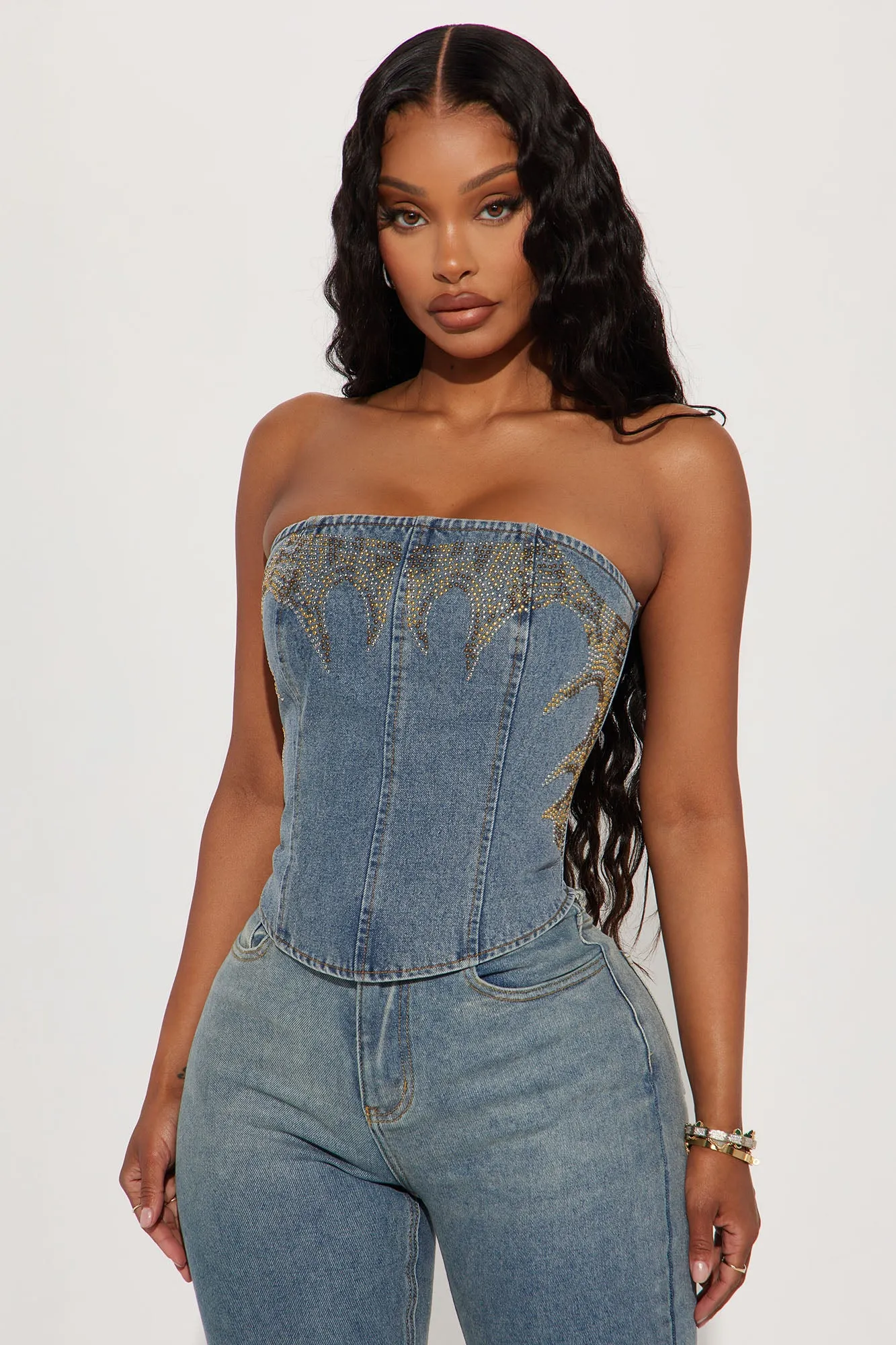 Wild West Embellished Denim Corset Top - Light Wash | Parallel