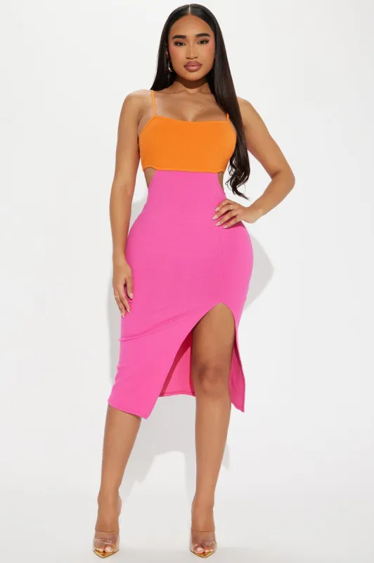 Island Hopping Ribbed Midi Dress - Pink/combo sold by Fashion Nova