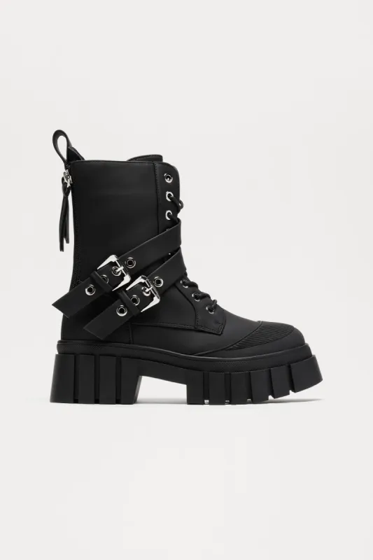 Never Over Buckle Combat Boots - Black sold by Fashion Nova