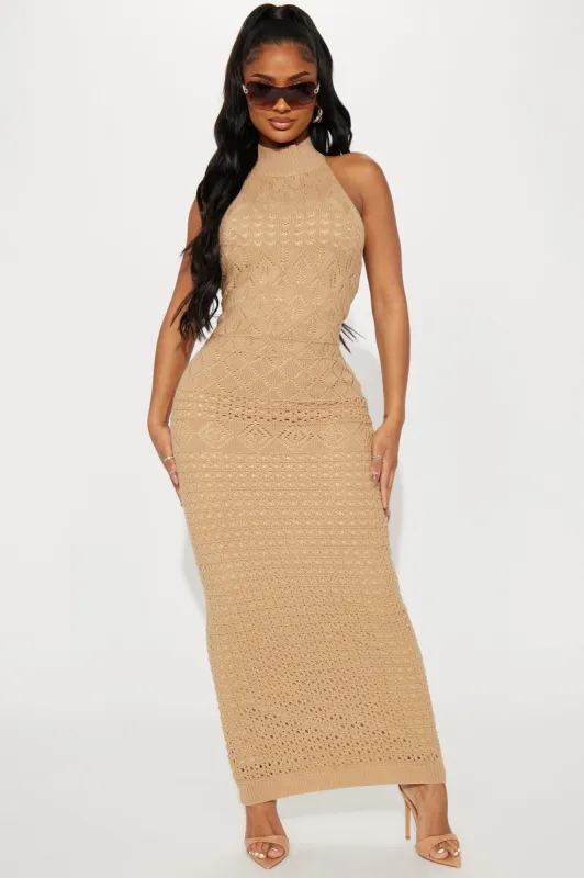 Resort Paradise Halter Crochet Maxi Dress - Taupe sold by Fashion Nova