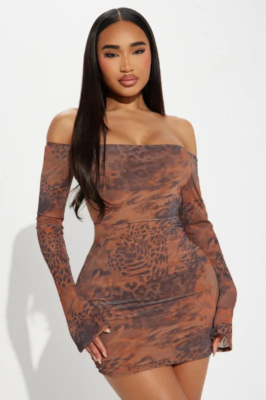 Wild Whispers Mesh Micro Mini Dress - Brown/combo sold by Fashion Nova