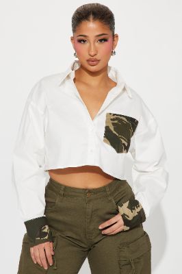 Blending In Poplin Shirt - White/combo sold by Fashion Nova