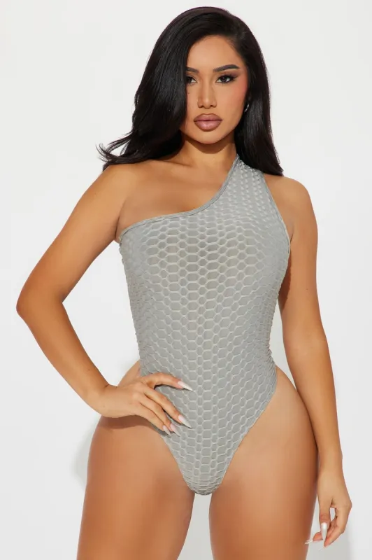 Miko One Shoulder Bodysuit - Grey sold by Fashion Nova