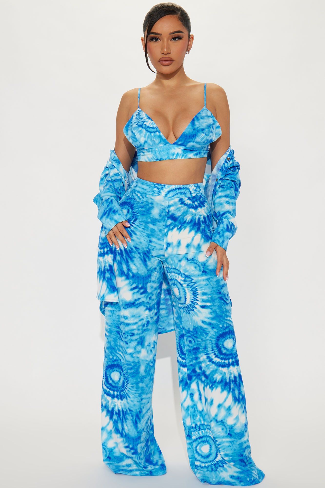 Kasey 3 Piece Tie Dye Pant Set - Blue/combo sold by Fashion Nova