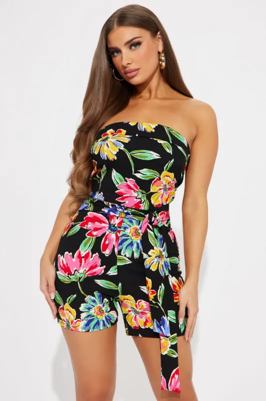 Always Seeking Adventure Romper - Black/combo sold by Fashion Nova