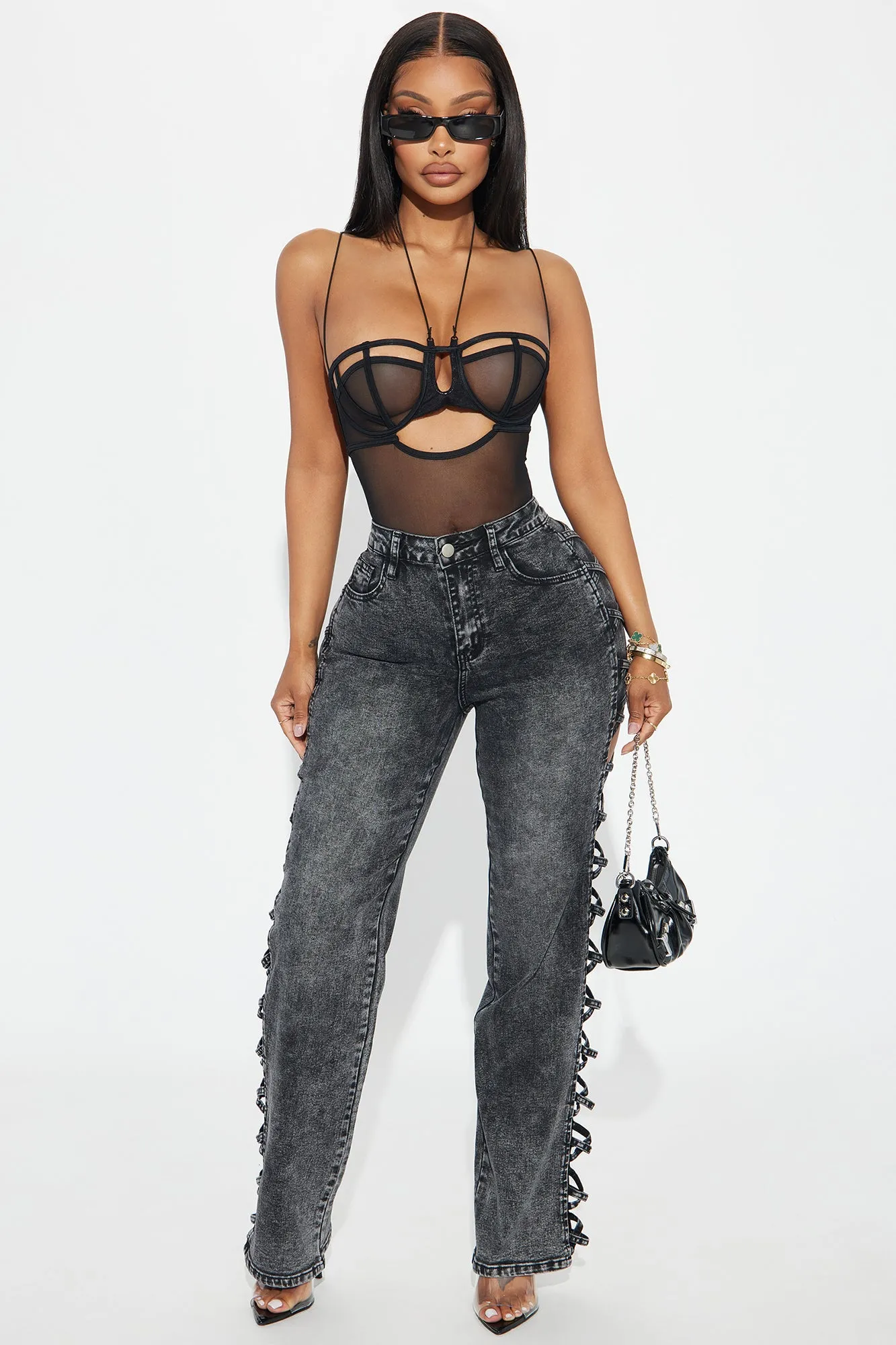 Caught His Attention Stretch Straight Leg Jeans - Black Wash sold by Fashion Nova