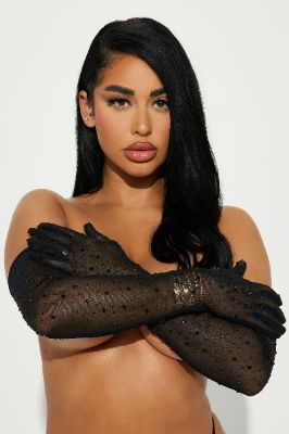 What A Night Rhinestone Long Gloves - Black/Black sold by Fashion Nova