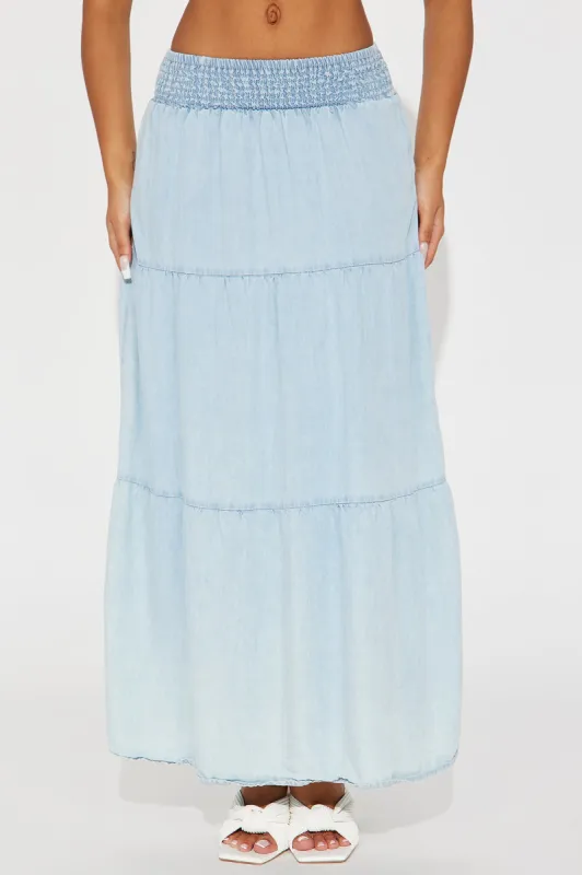 Cora Tiered Maxi Skirt - Light Wash sold by Fashion Nova