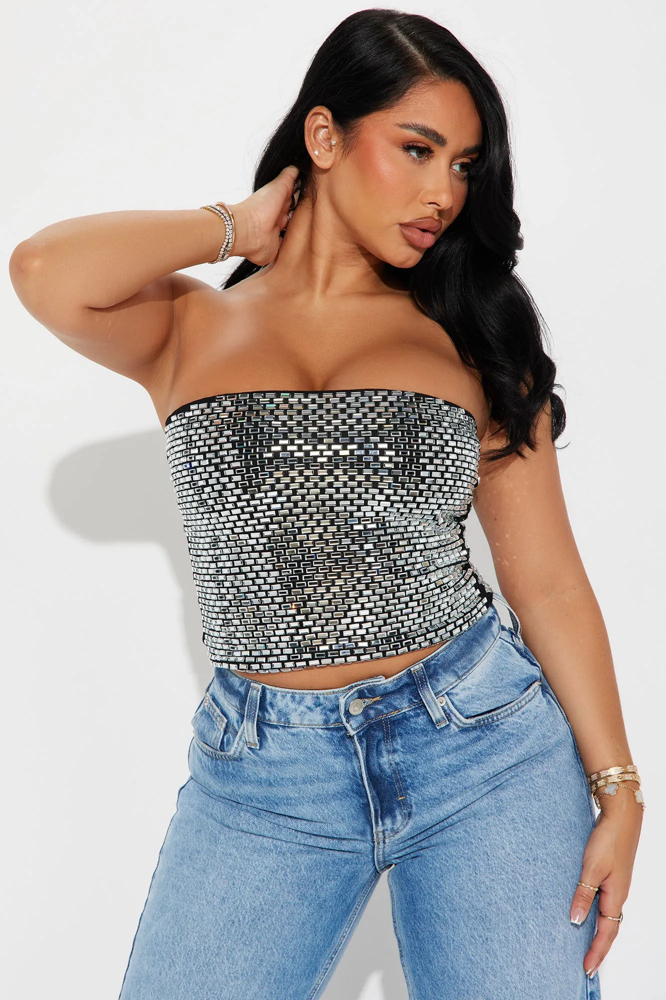 Center Of Attention Rhinestone Top - Silver/Black sold by Fashion Nova