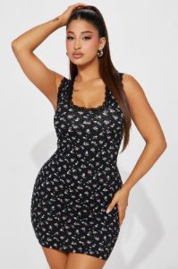 Piper Floral Ribbed Mini Dress - Black/Pink sold by Fashion Nova