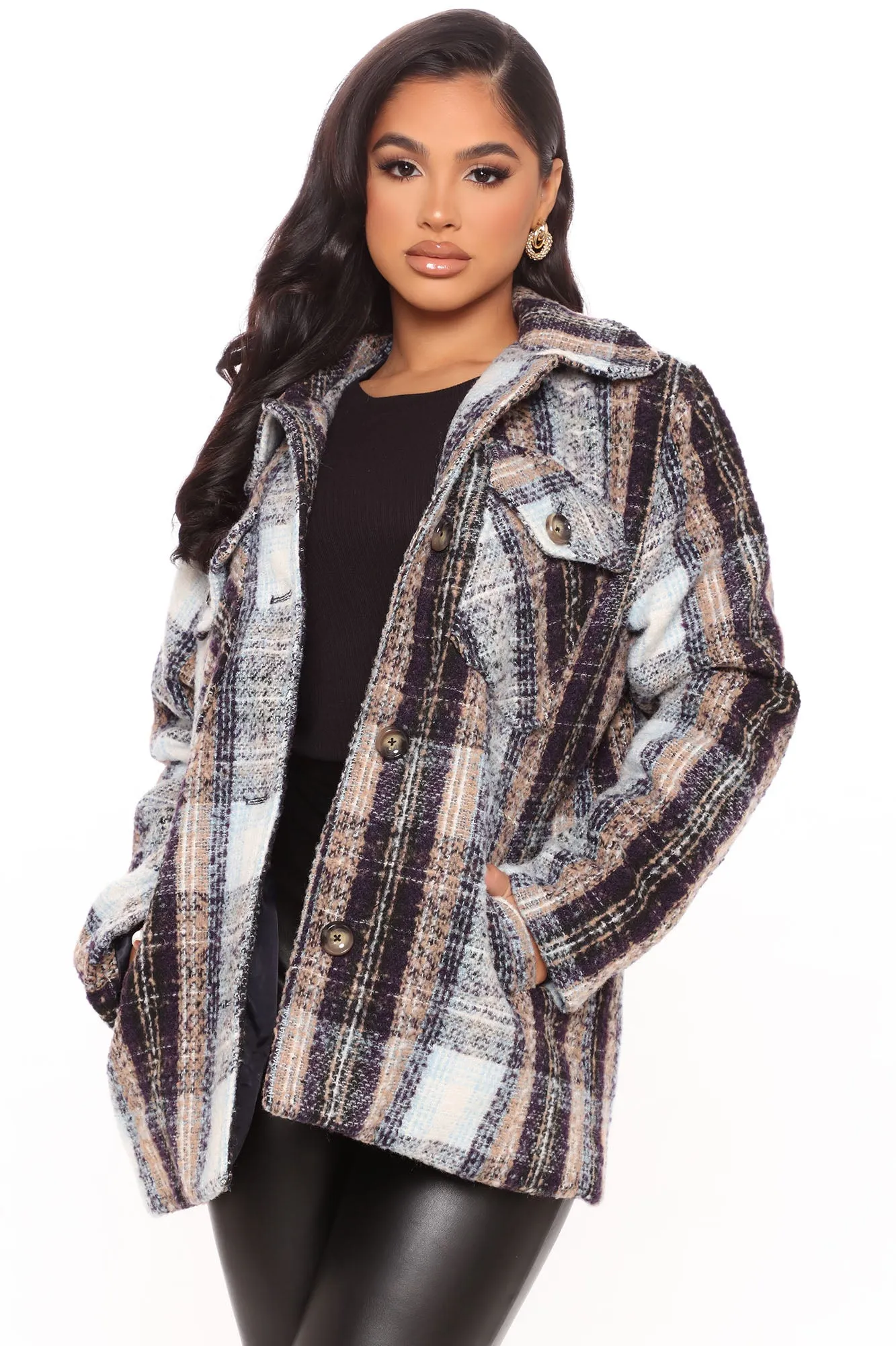 Breaking Plaid Tweed Shirt Jacket - Purple sold by Fashion Nova
