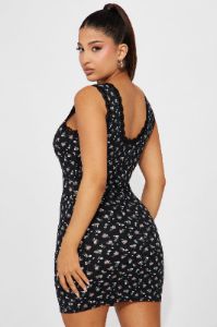 Piper Floral Ribbed Mini Dress - Black/Pink sold by Fashion Nova