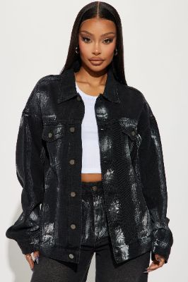 Heavy Metal Foil Denim Trucker Jacket - Black Wash sold by Fashion Nova