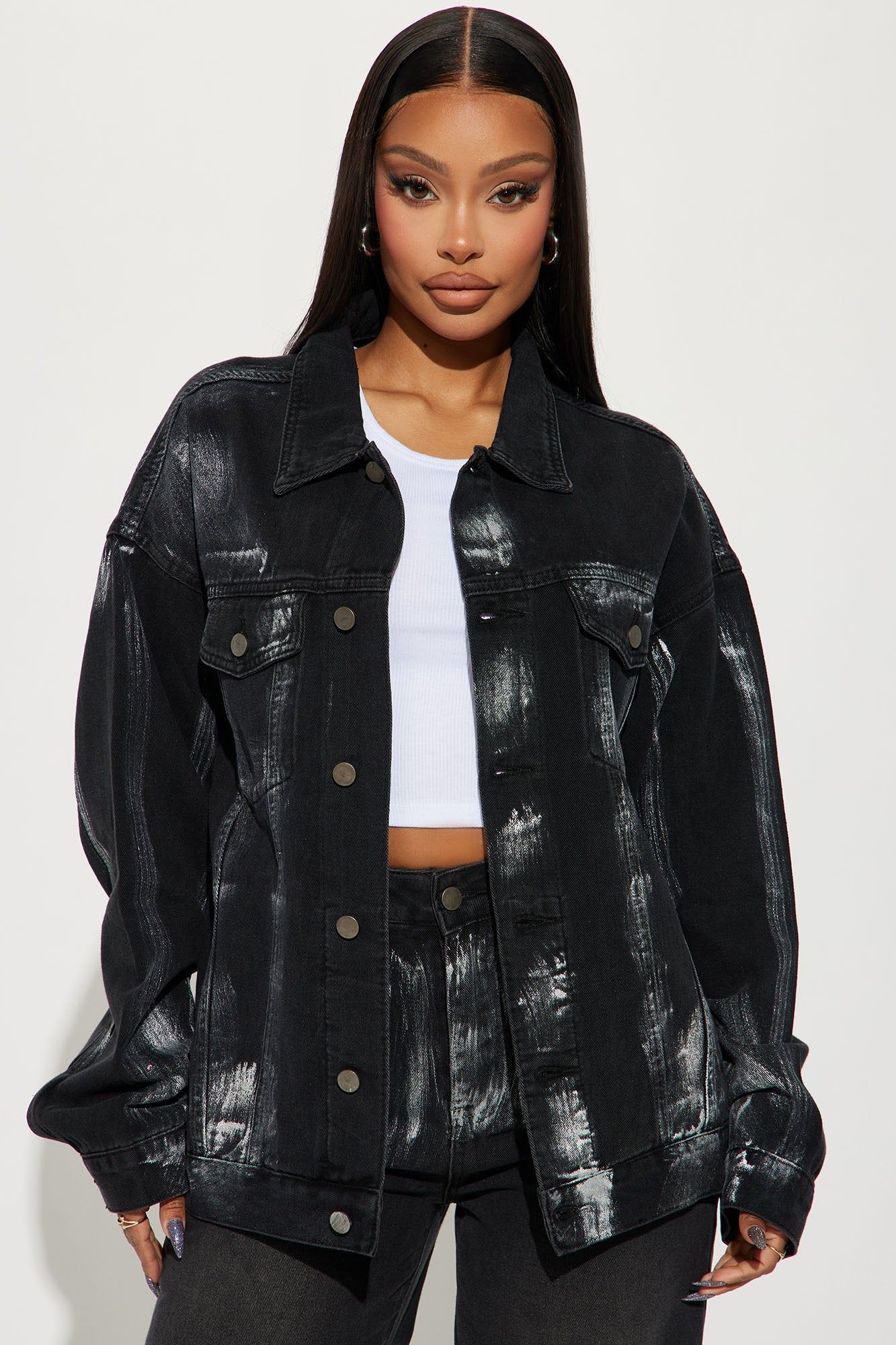 Heavy Metal Foil Denim Trucker Jacket - Black Wash sold by Fashion Nova