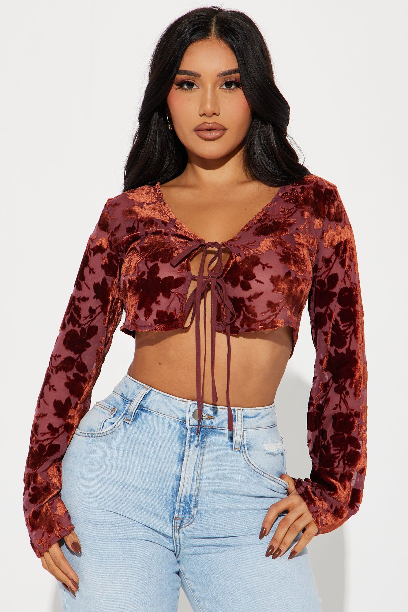 Amalia Floral Blouse Top - Burgundy/combo sold by Fashion Nova