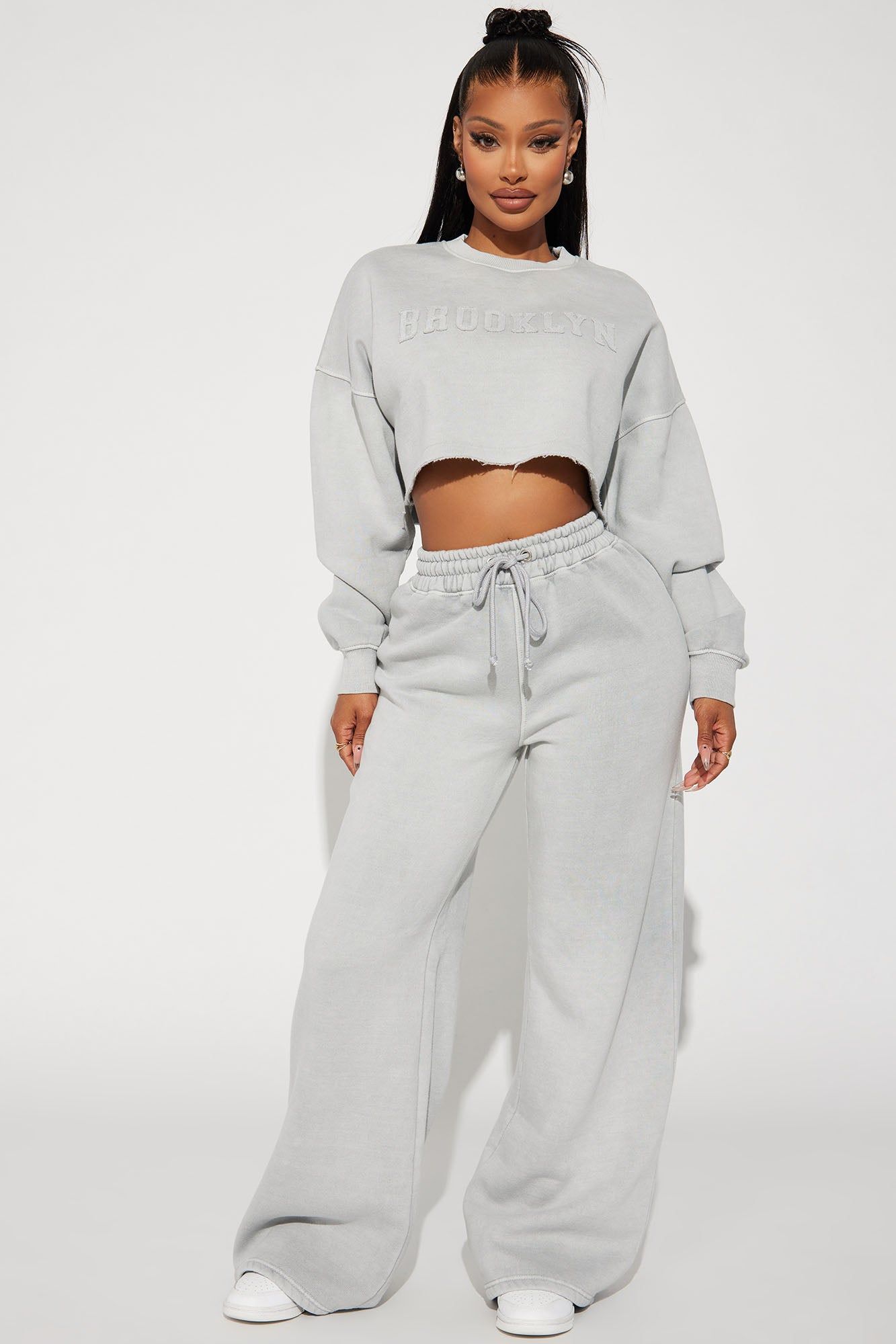 Brooklyn Baby Embroidered Wide Leg Sweatpants - Grey sold by Fashion Nova