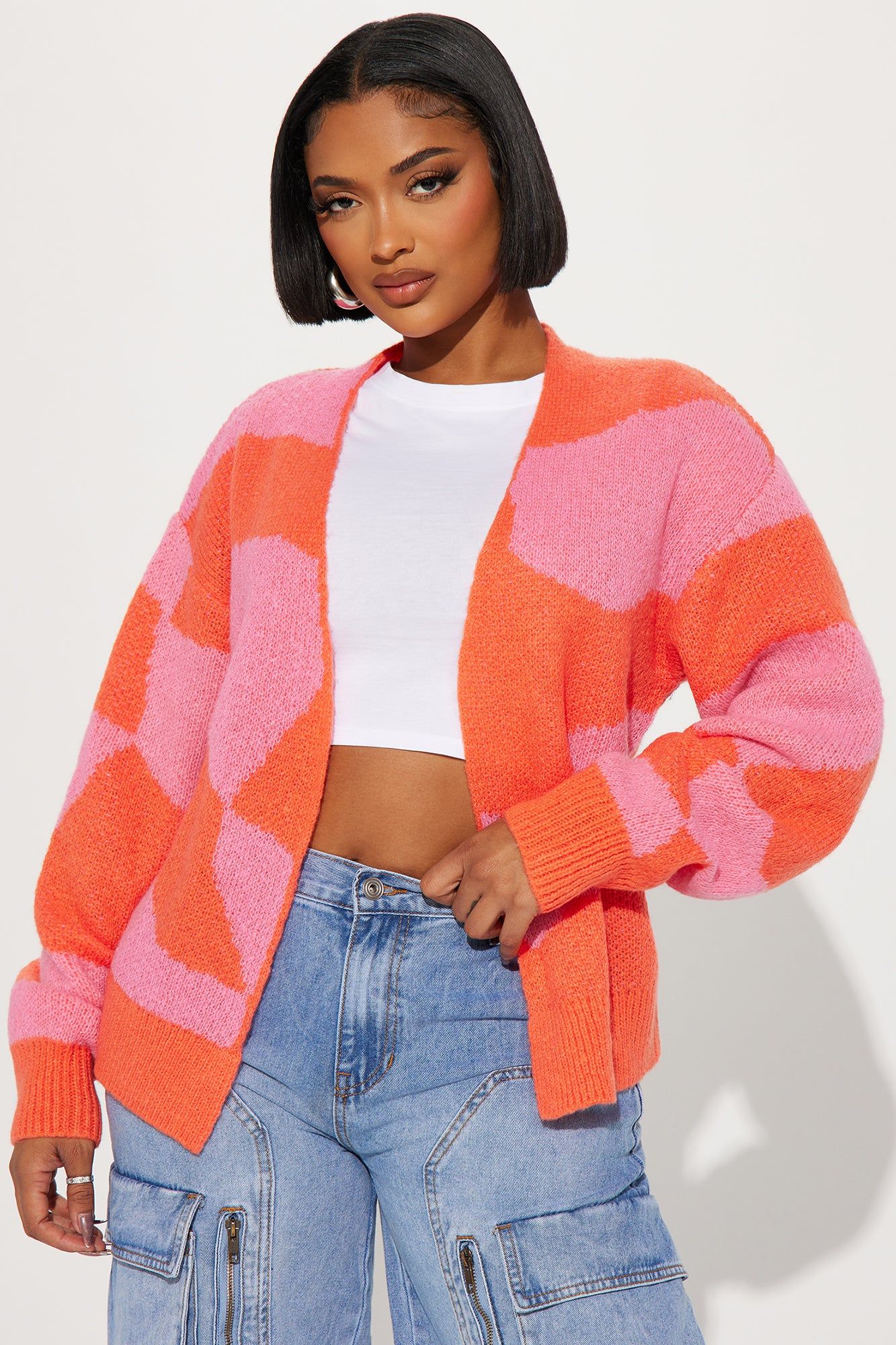 All Mixed Up Cardigan - Pink/combo sold by Fashion Nova
