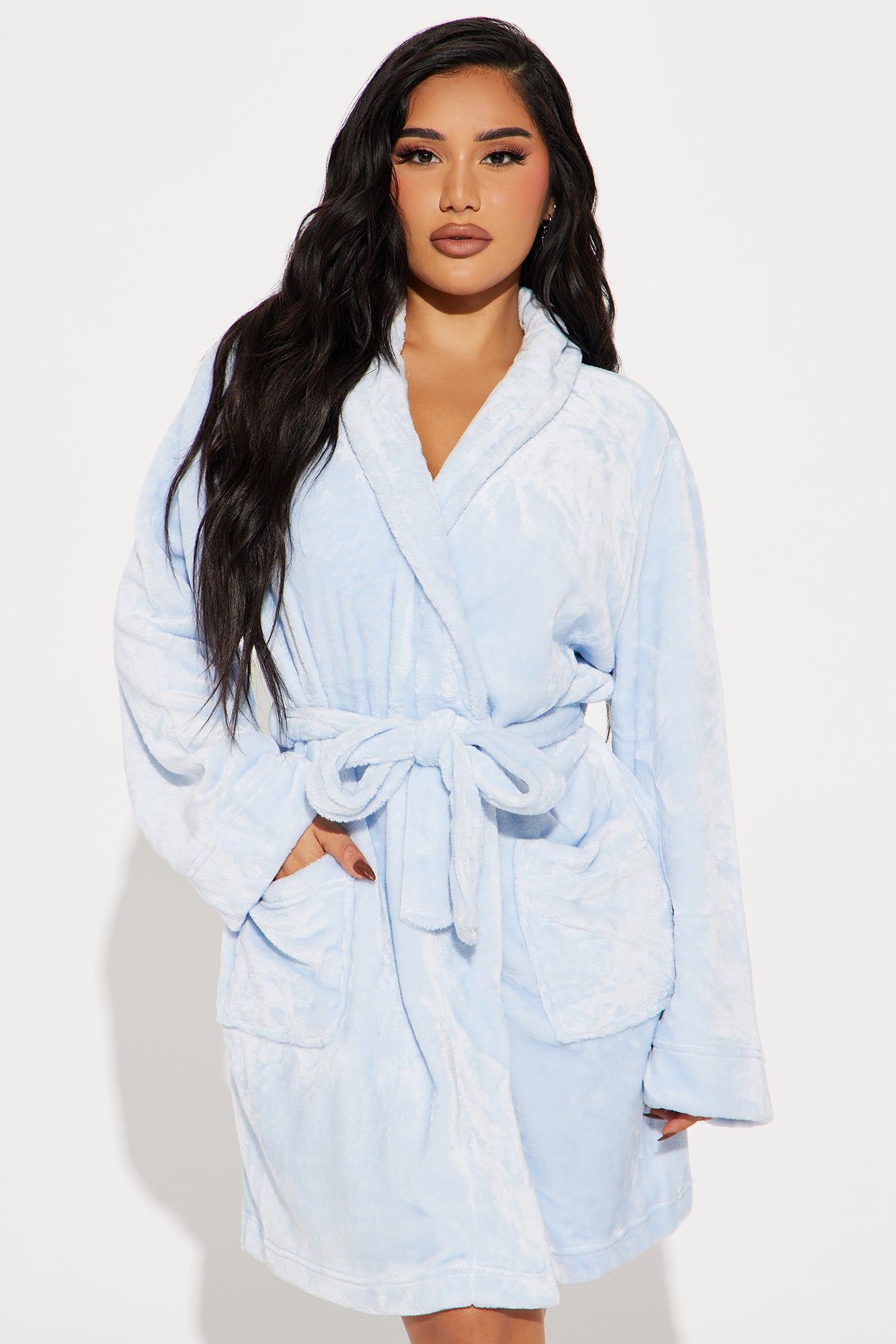Major Relaxation Plush PJ Robe - Light Blue sold by Fashion Nova