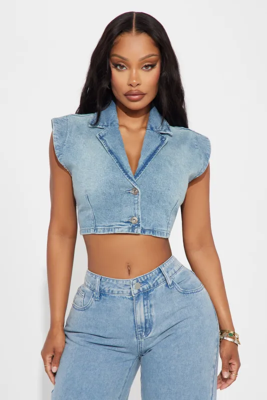 High Value Cropped Denim Vest - Light Wash sold by Fashion Nova