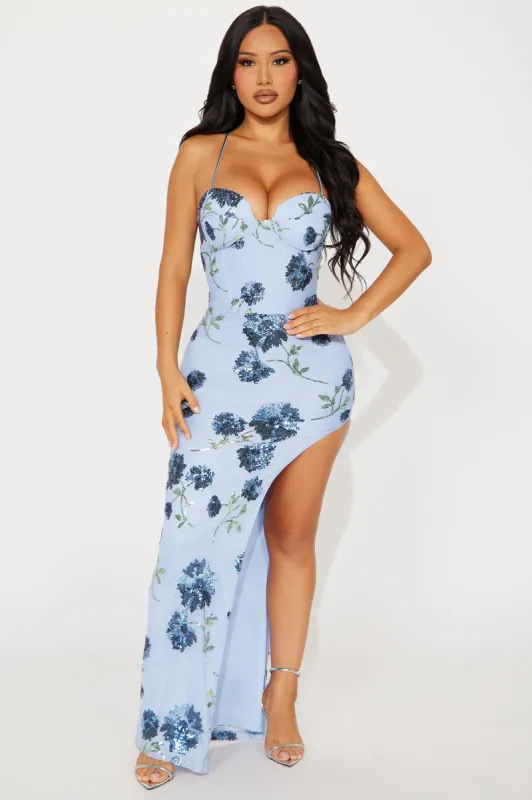 Alora Floral Sequin Gown - Light Blue sold by Fashion Nova