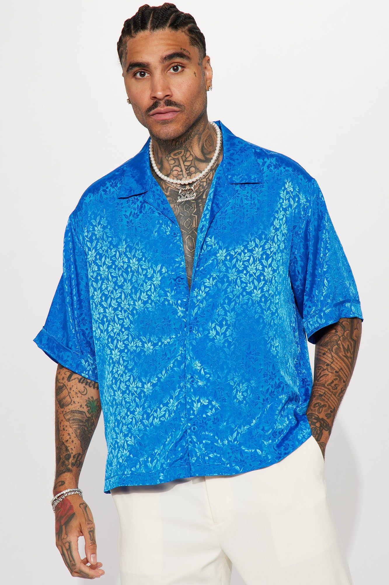 Feel The Gleam Short Sleeve Button Up - Blue sold by Fashion Nova