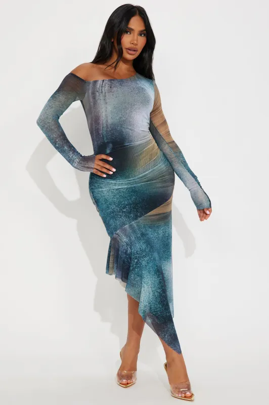 Vesper Mesh Midi Dress - Charcoal/combo sold by Fashion Nova