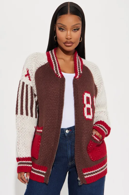 89 Forever Varsity Front Zip Sweater - Brown/combo sold by Fashion Nova