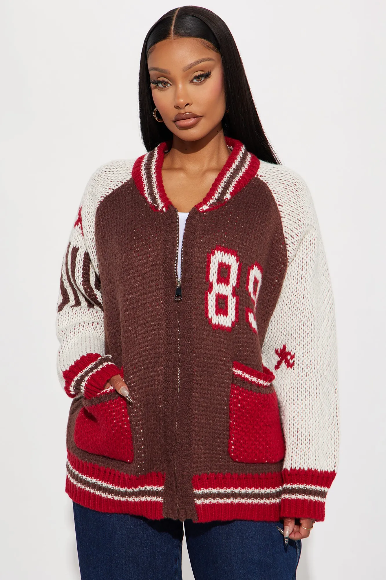 89 Forever Varsity Front Zip Sweater - Brown/combo sold by Fashion Nova product image thumbnail 3