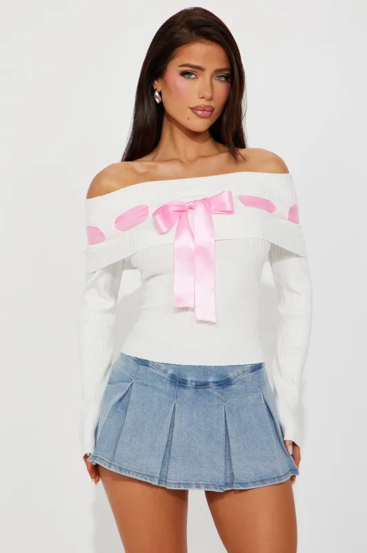 Just A Tease Off Shoulder Bow Sweater - Ivory/combo sold by Fashion Nova