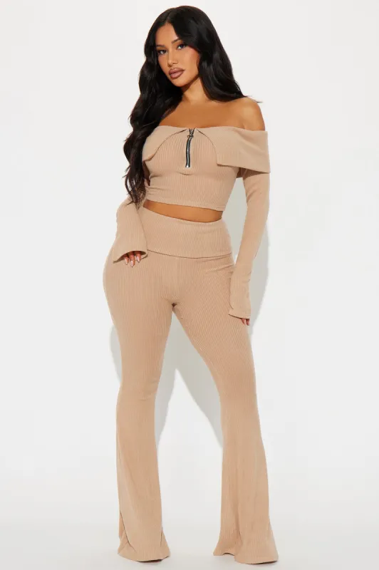Telling Lies Off Shoulder Pant Set - Taupe sold by Fashion Nova