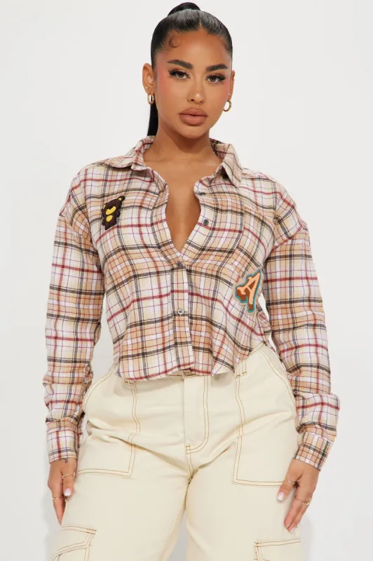 Candice Patchwork Plaid Shirt - Taupe/combo sold by Fashion Nova