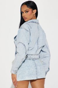 Maxed Out Moto Denim Bomber Jacket - Light Wash sold by Fashion Nova