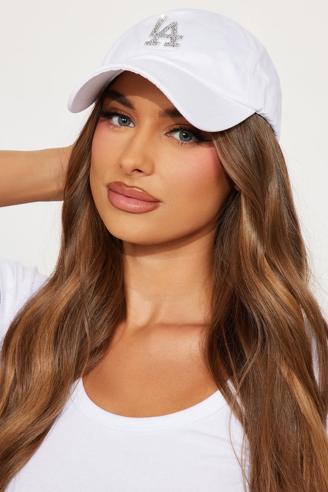 LA Rhinestone Baseball Hat - White sold by Fashion Nova