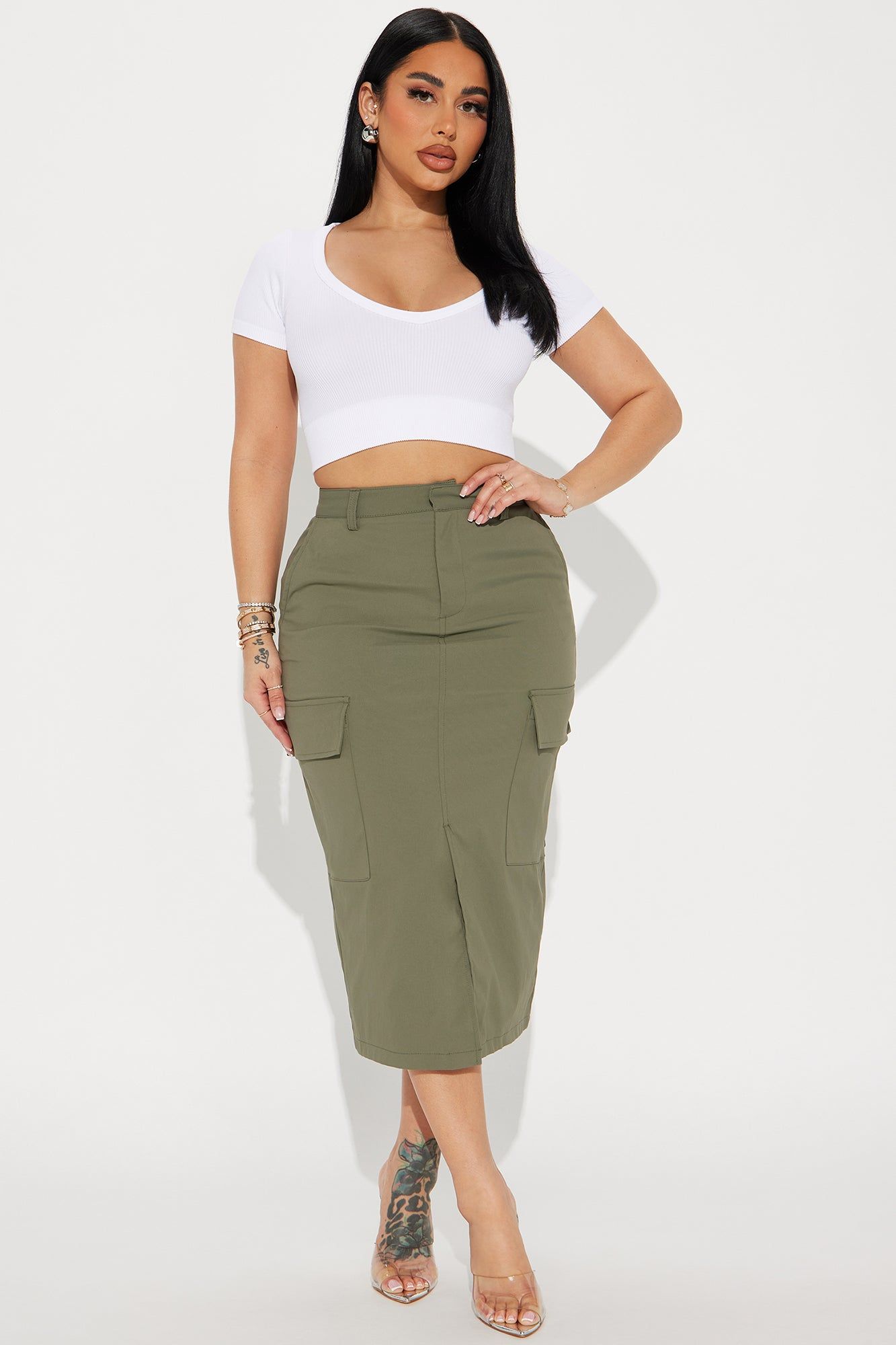 Olivia Cargo Midi Skirt - Olive sold by Fashion Nova