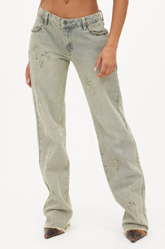 Rowdy Girl Studded Straight Leg Jeans - Vintage Wash sold by Fashion Nova