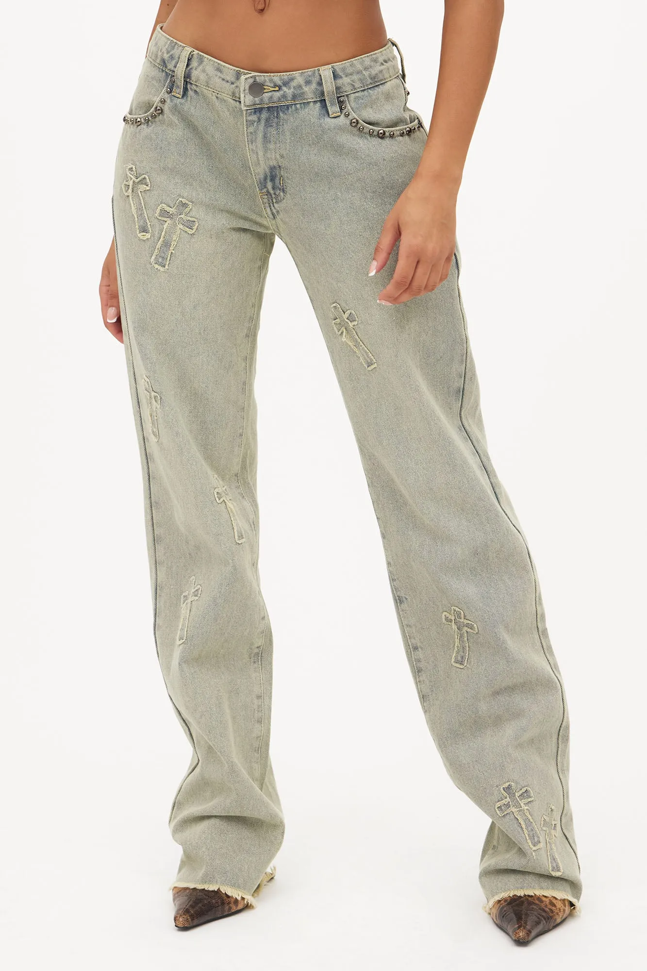 Rowdy Girl Studded Straight Leg Jeans - Vintage Wash sold by Fashion Nova