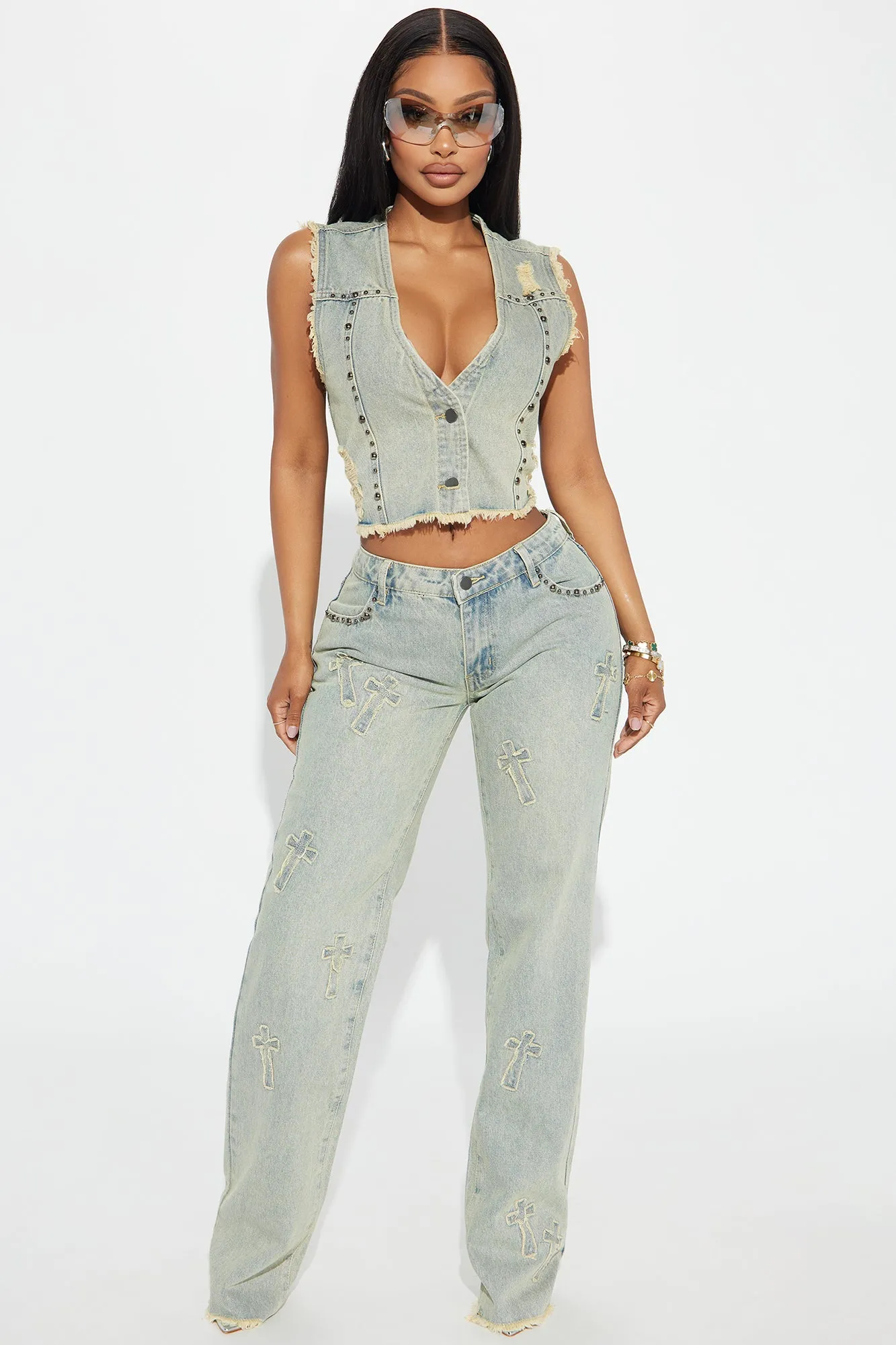 Rowdy Girl Studded Straight Leg Jeans - Vintage Wash sold by Fashion Nova product image thumbnail 5