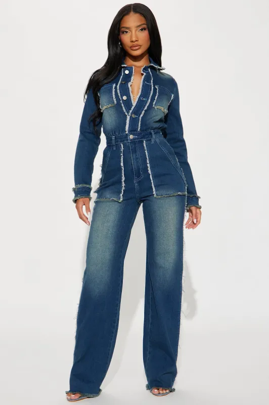 Crash Into You Denim Jumpsuit - Dark Wash sold by Fashion Nova
