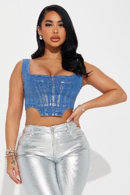 After Party Metallic Denim Corset Top - Blue sold by Fashion Nova