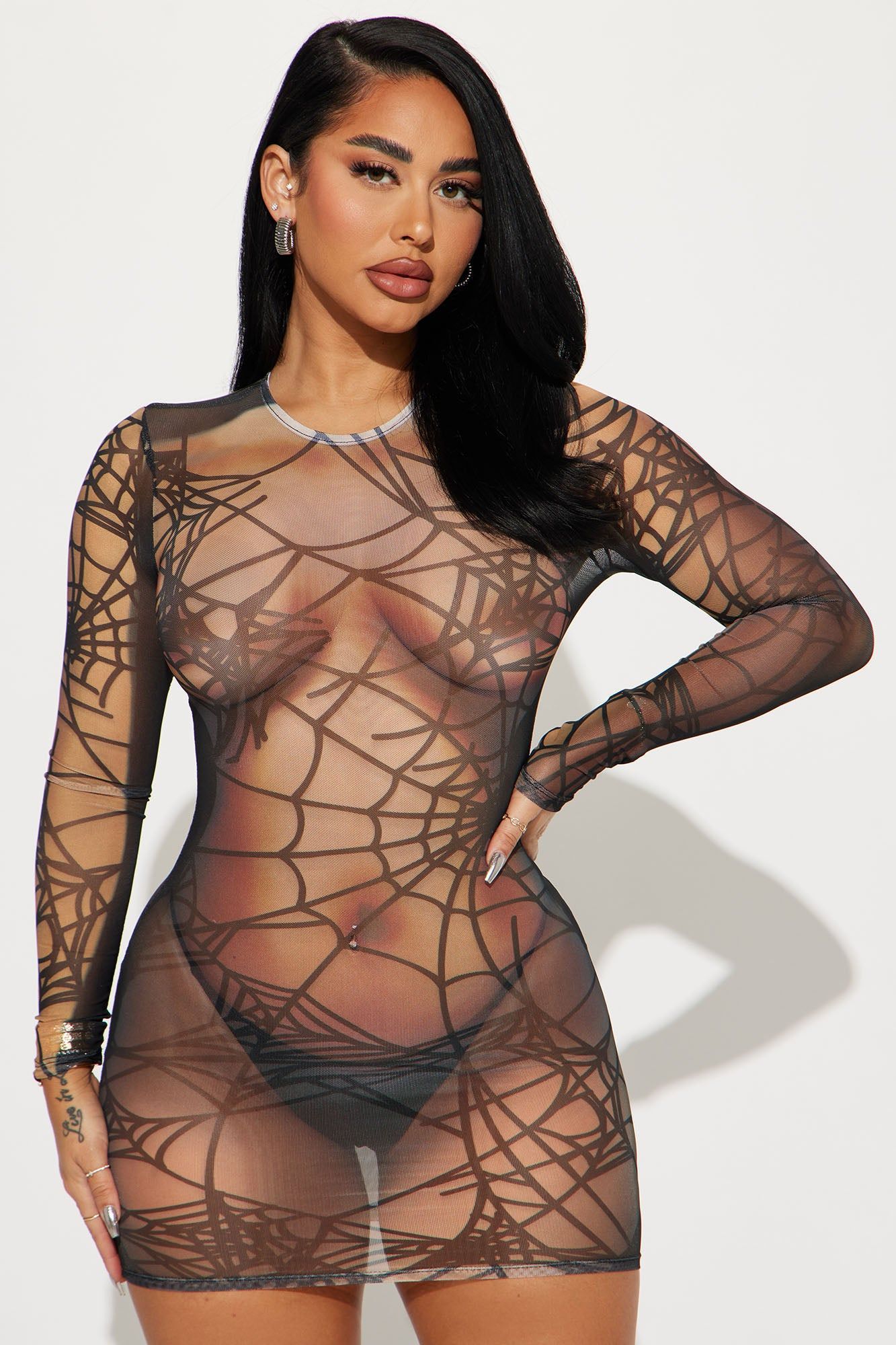 I Caught You Mesh Mini Dress - Nude/combo sold by Fashion Nova