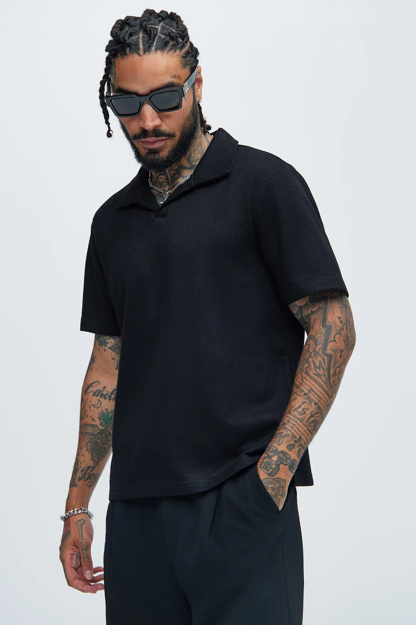 Franklin Stripe Knit Johnny Collar Shirt - Black sold by Fashion Nova