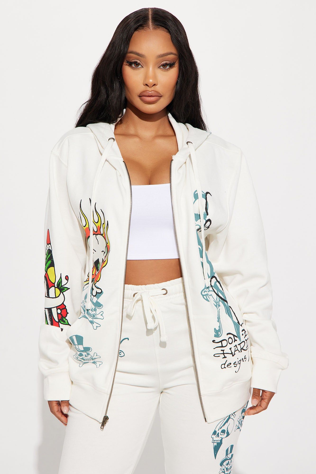 Ed Hardy On Fire Zip Front Hoodie - Ivory sold by Fashion Nova
